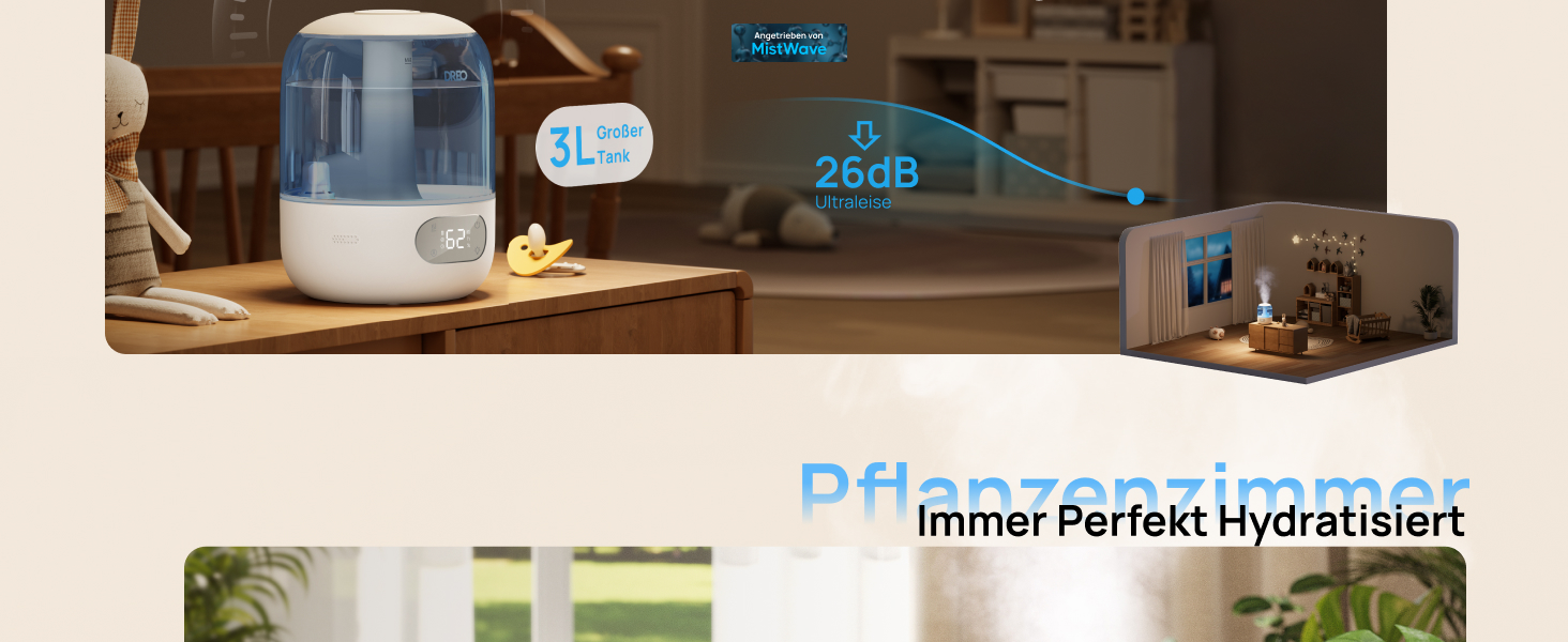 Зволожувач повітря Dreo для спальні, ультразвуковий холодний туман, 30 годин роботи, 3L резервуар з верхнім заповненням, датчик вологості, нічне світло для дітей, кімнати, рослин та дому (Blue)