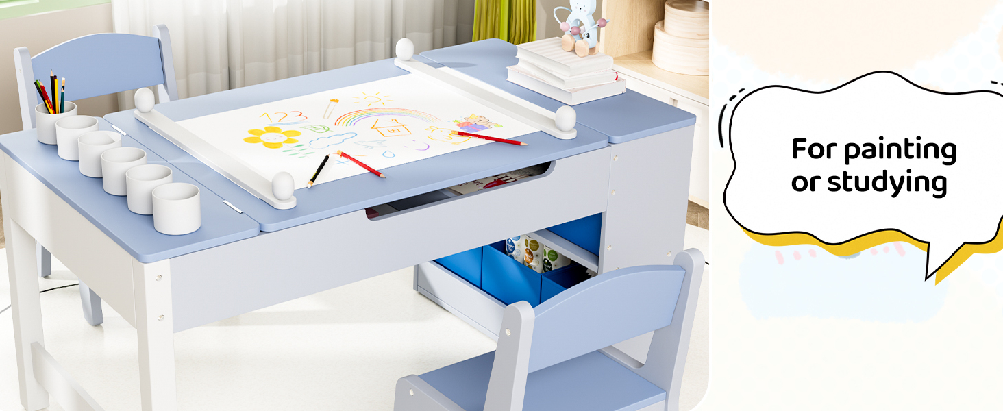 Дитячий стіл MAMIZO з 2 стільцями: дерев'яний стіл для ігор з місцем для зберігання, комплект меблів для дітей, стіл для малювання та рукоділля, від 3 років (блакитний)
