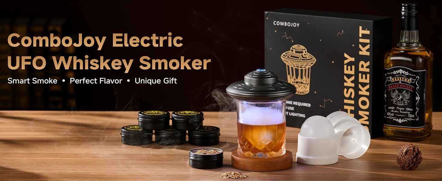 Електричний набір для копчення віскі ComboJoy з LED-підсвіткою, 6 видами стружки, келихом та формою для льоду, сірий
