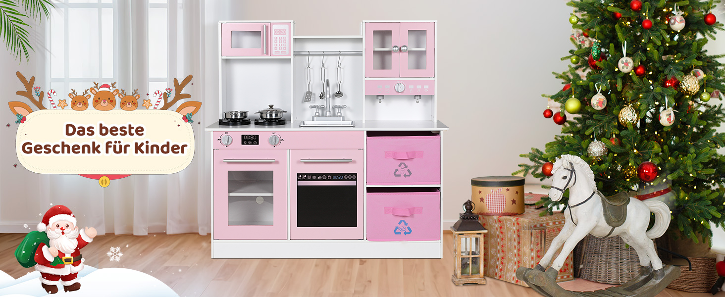 Дерев'яна дитяча кухня MAMIZO з підсвічуванням та звуком, іграшкова кухня для дітей, 90x30x90 см, з аксесуарами та 2 ящиками, іграшка для дітей від 3 років (Рожева)