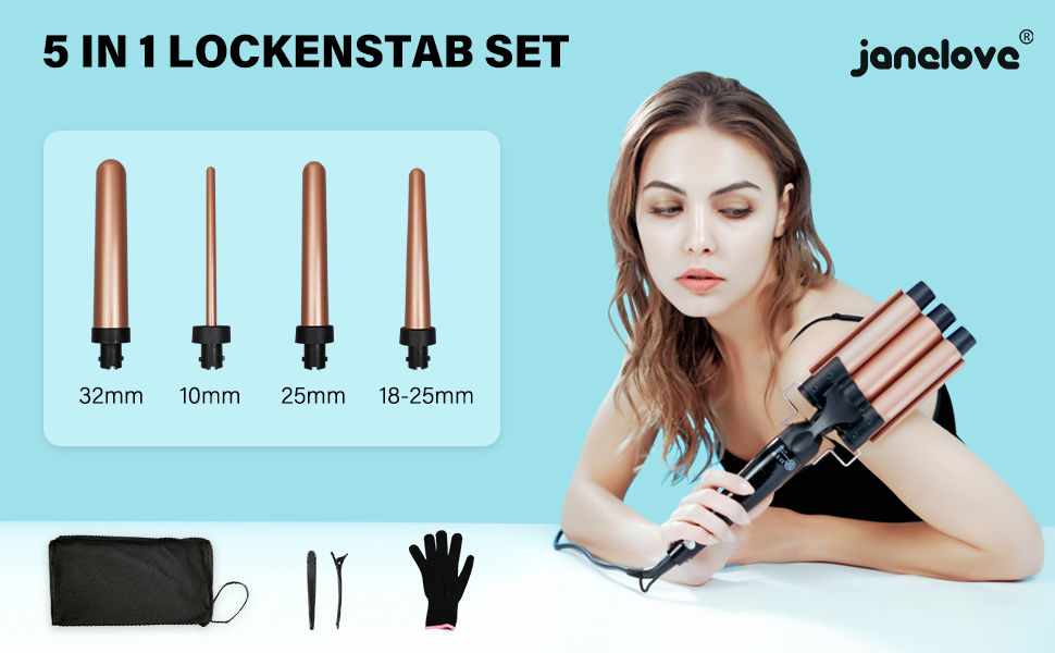 Набір для завивки волосся 5 в 1 Janelove - керамічний локонстаб 10-32 мм з різними насадками, регульована температура, рукавички та нейлонова сумка (Рожеве золото)