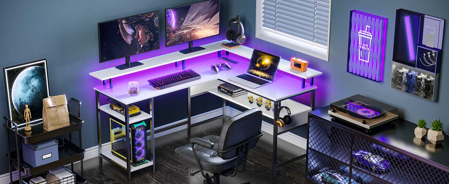 Ігровий стіл Rolanstar L-подібної форми з LED-підсвічуванням та розеткою, 137 x 108 см, комп'ютерний стіл з підставкою для монітора та місцем для зберігання, реверсивний кутовий стіл для офісу, домашнього офісу (Білий)