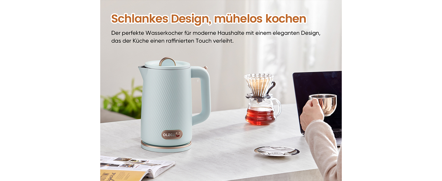 Електричний чайник OLEGA 1.8L, 1800W, нержавіюча сталь, автоматичне відключення, захист від сухого кипіння, блакитний