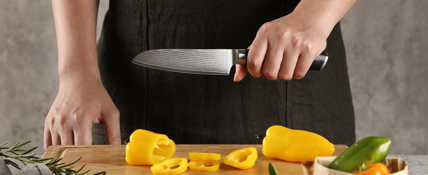 Ніж кухонний Wakoli Mikata Damast 17 см з лезом з дамаської сталі та ручкою Micarta (Сантоку)