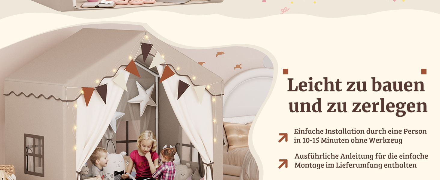 Дитяче намет-будиночок EROMMY 2-в-1 з килимком, прапорцями та світлодіодними смугами, двостулковими дверима, даховим вікном, для дому, вік 3+, коричневий