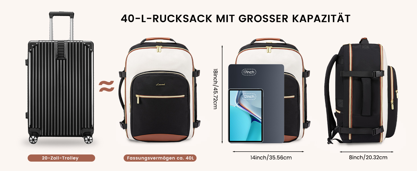Рюкзак LOVEVOOK для ручної поклажі літака, 40L, водонепроникний, з відділенням для ноутбука 17 дюймів, для подорожей, школи, роботи, кемпінгу, чоловічий/жіночий, бежевий+чорний+коричневий