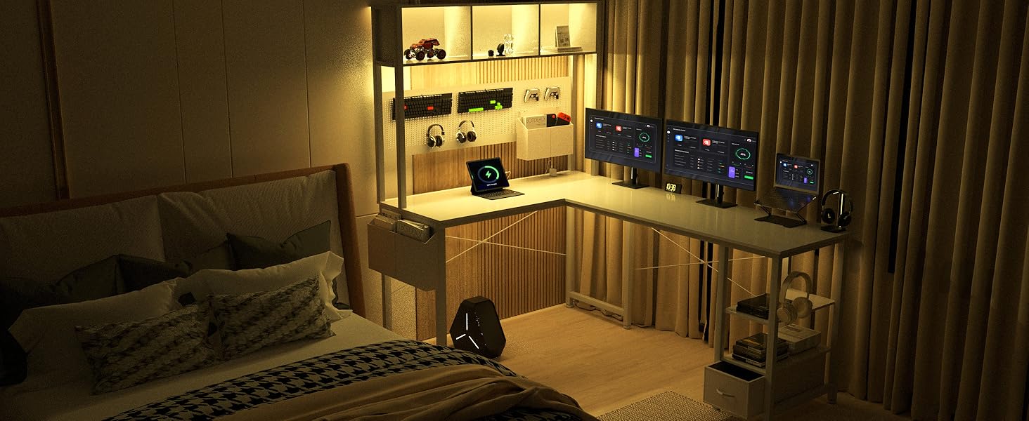 Ігровий кутовий стіл Dowinx з LED-підсвічуванням, 120x148 см, білий, з розетками та USB