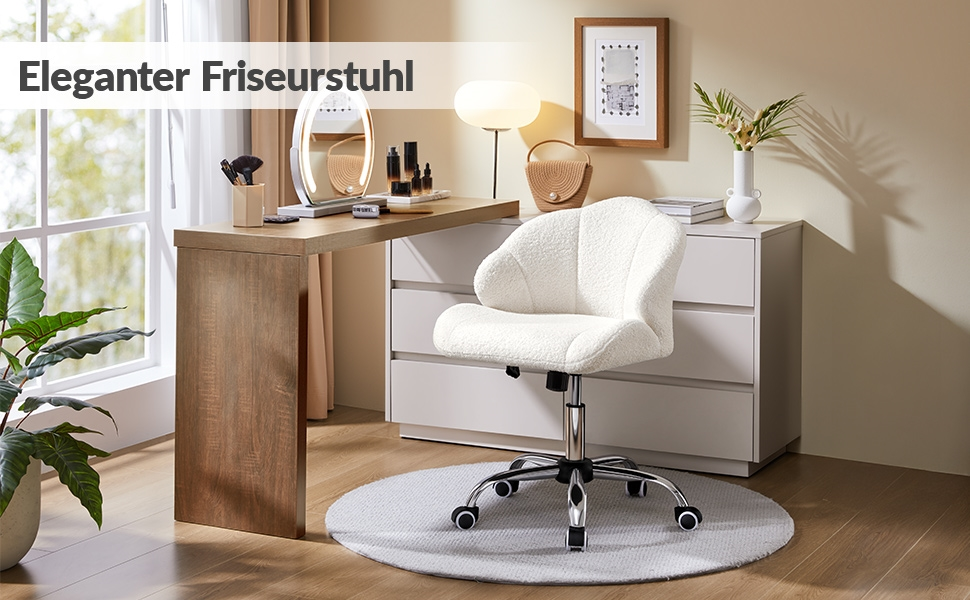 Крісло для дому та офісу Yaheetech, крісло для макіяжу, регульоване по висоті, поворотне, офісне крісло у формі мушлі, крісло з роликами, оксамитове крісло, до 136 кг, білий (сніжно-білий)