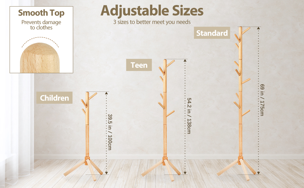 Підставка для одягу з бука, 9 гачків, 3 рівня висоти, білий колір, дерев'яна
