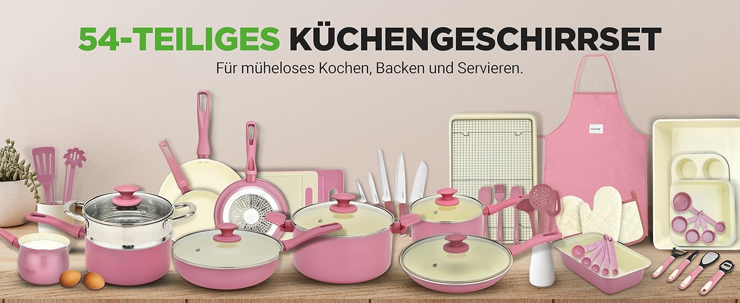 Набір кухонного посуду NutriChef 54 елементи – сковорідки, каструлі, кухонні аксесуари, ножі, форми для випічки, для індукції, газу та електроплити, здорове та дієтичне приготування (рожевий)