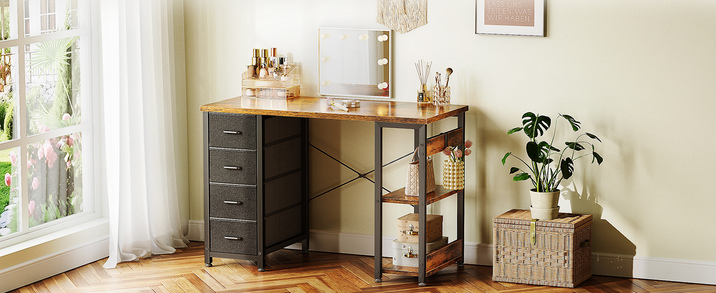 Компактний письмовий стіл Coleshome з 4 висувними ящиками, 100x40 см, з полицями, для офісу, кабінету, спальні, коричневий