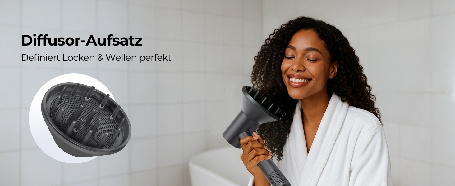 Іонний фен для волосся з дифузором, професійний стайлер 150 000 об/хв, 8 режимів температури з LED-дисплеєм, для кучерявого та густого волосся, чорний