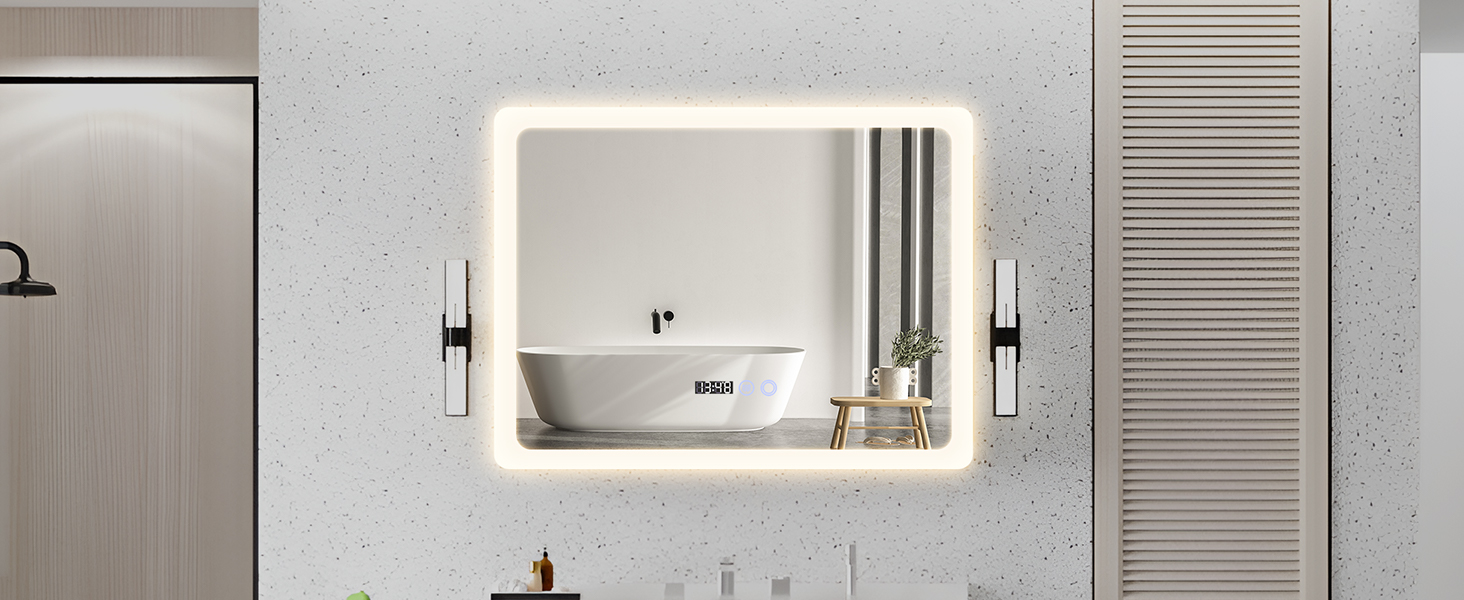 Дзеркало для ванної кімнати YU YUSING з підсвічуванням 80x60 см, LED, 3 кольори світла, регулювання яскравості, антизапар, сенсорне управління, таймер, загартоване скло, IP44 (прозоре)