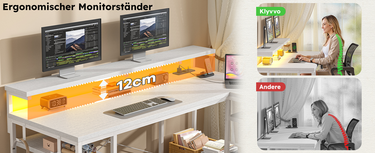 Ігровий стіл L-подібний з LED, 3 шухлядами, USB-зарядкою та розеткою 140x80 см, білий - для дому та геймінгу