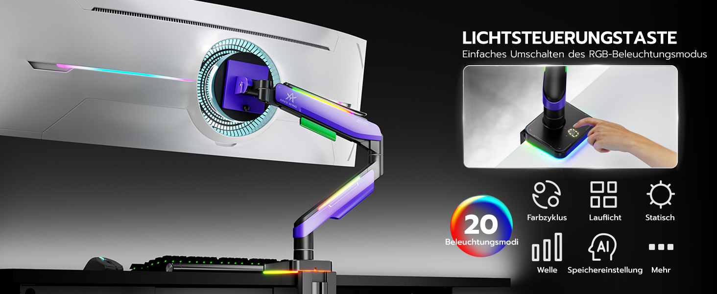 Кріплення для монітора ARES WING Gaming – для моніторів 17-49 дюймів, RGB, витримує до 20 кг, VESA 75/100 мм (фіолетовий)