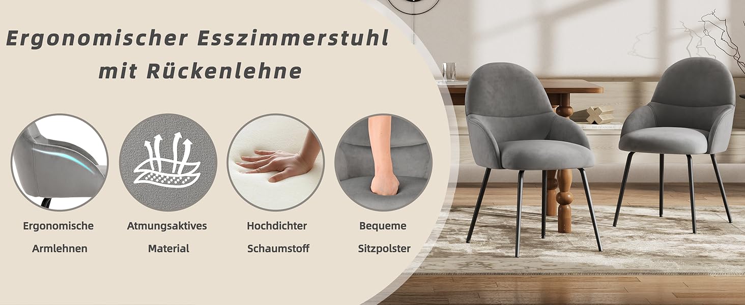 Набір обідніх стільців з підлокітниками - 6 шт. Ергономічні м'які стільці з металевим каркасом та льоновим покриттям, для кухні, вітальні, обідньої кімнати, бежеві