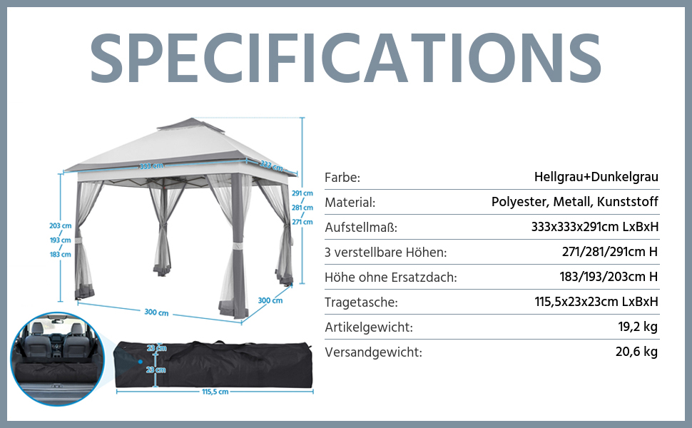 Павільйон Yaheetech 3.3x3.3м, водовідштовхуючий, з москітною сіткою, регульована висота, для саду та відпочинку