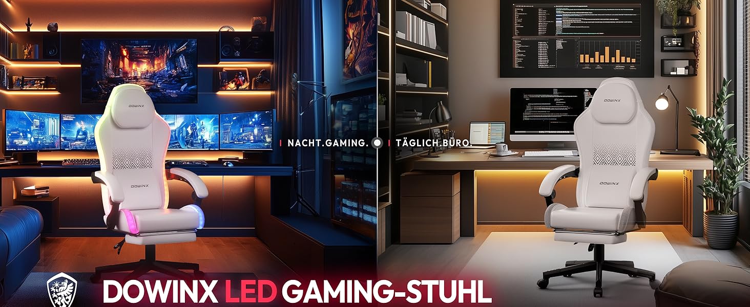 Ігровий крісло Dowinx з RGB підсвічуванням, LED, з підніжкою, для дорослих, ергономічний, з масажем попереку, з PU шкіри, білий