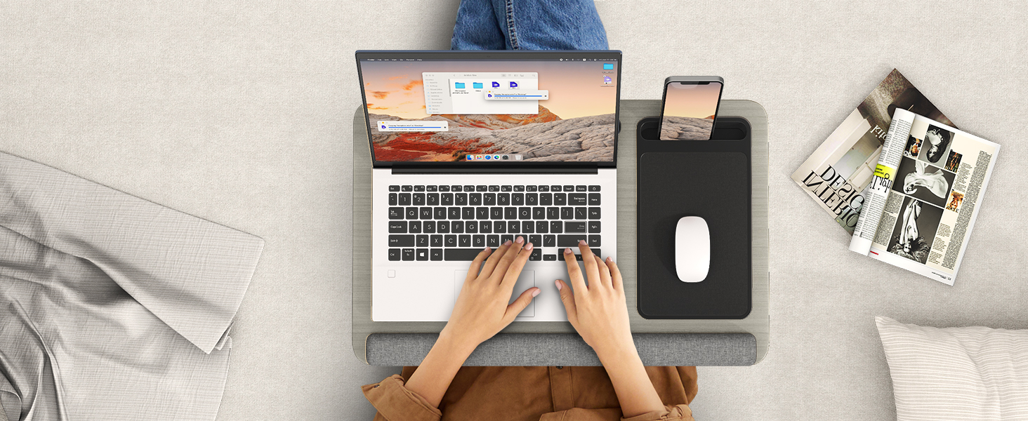 Підставка для ноутбука PUTORSEN для ліжка - регульована висота, з підставкою для миші та підтримкою для зап'ястя. Підходить для ноутбуків до 17,3 дюймів, Lapdesk з вирізом для планшета та телефону, сірого кольору