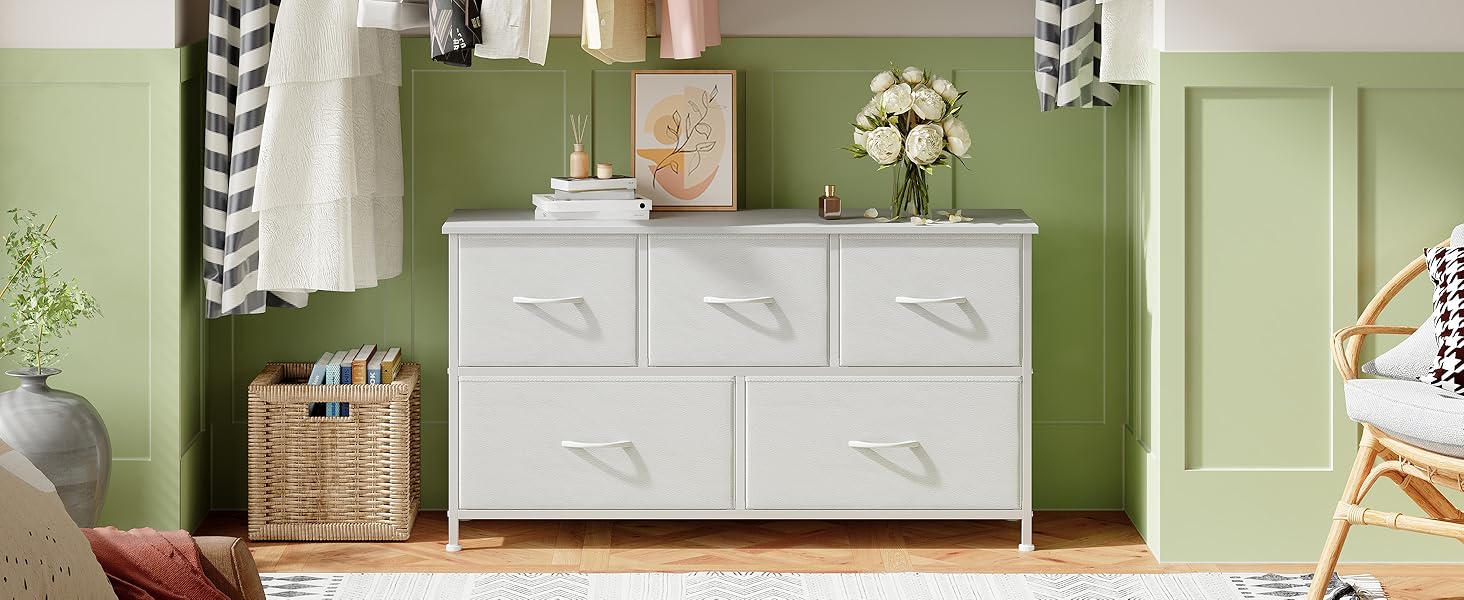 Тумбочка з шухлядами Somdot, тканинна тумбочка, біла тумбочка для спальні, вітальні, прихожої, 5 шухляд, 30x100x52.5 см