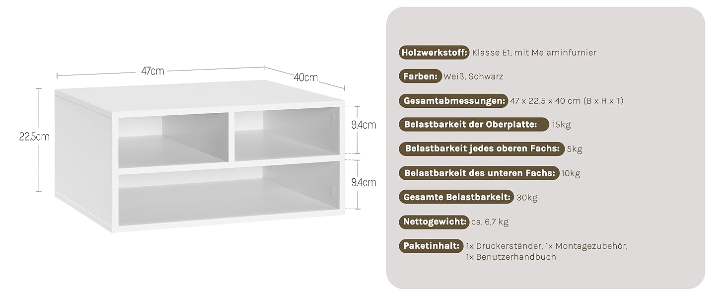 Стійка для принтера WOLTU з 3 ящиками, 47x22,5x40 см, білий колір, ASK15ws