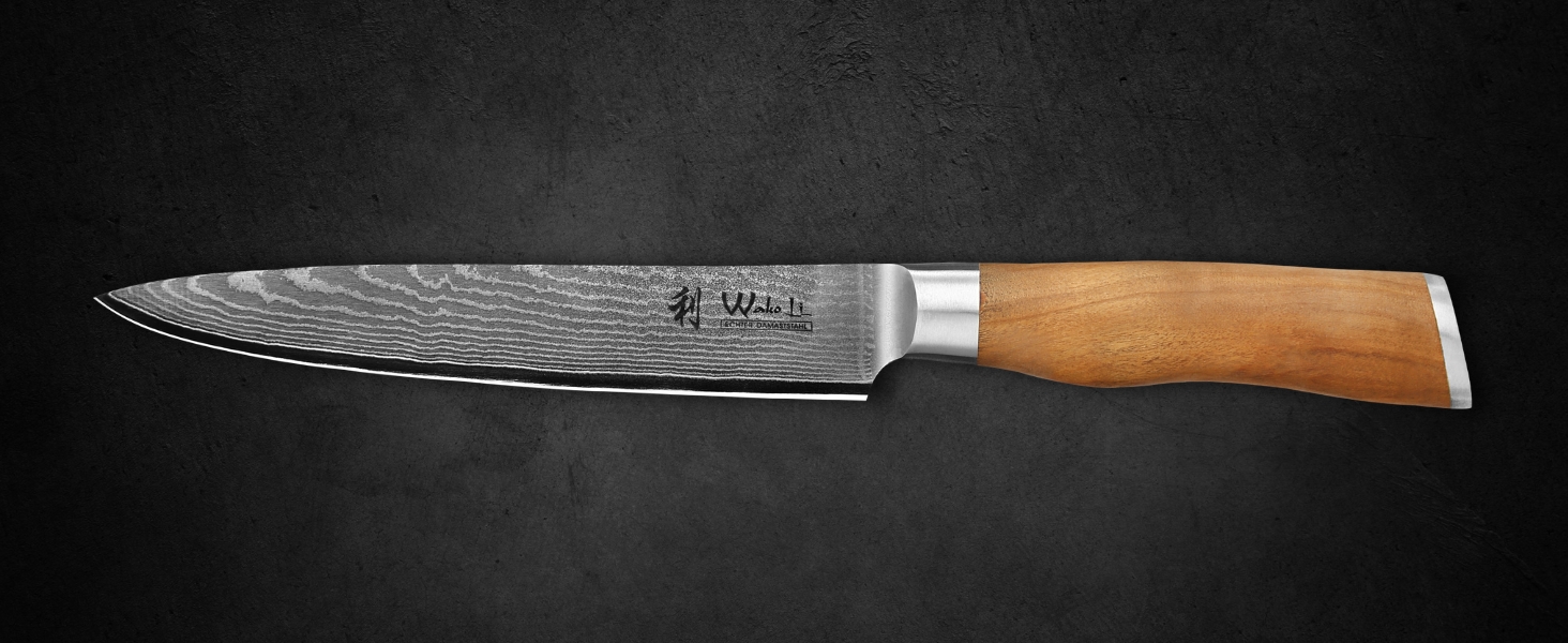 Ніж кухарський Wakoli з дамаської сталі (серцевина VG10) з 20 см лезом – гострий та збалансований – ніж з ручкою з оливкового дерева в подарунковій коробці – ніж кухарський з дамаської сталі для професіоналів та поціновувачів (ніж для нарізання)