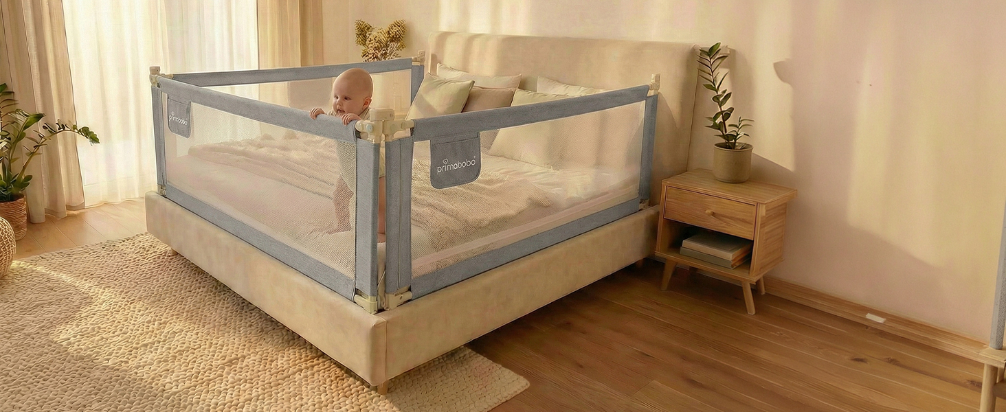Комплект захисних бортиків для дитячого ліжка Primabobo (3 шт: 2x200 см + 1x160 см), бар'єр від випадання з ліжка, бежевий
