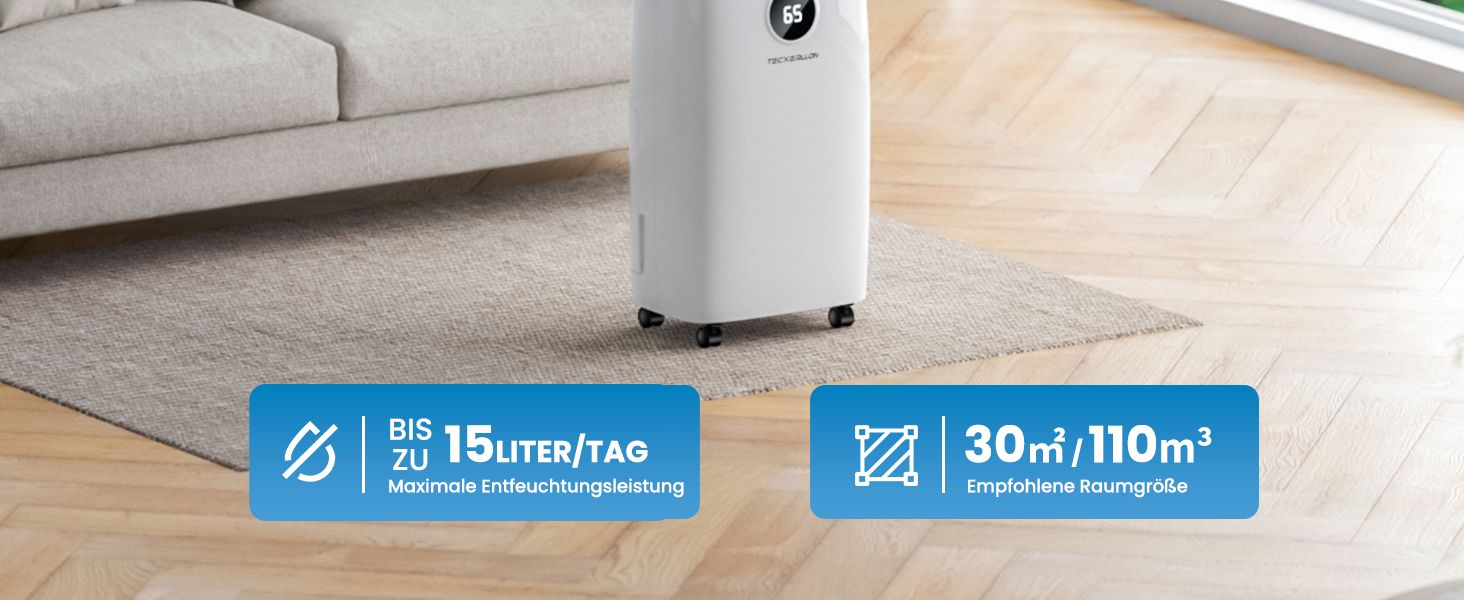 Електричний осушувач повітря 15L, 30㎡, для підвалу, з тачем, 2.5L бак, дренажний шланг, 46dB, таймер 24h, гарантія 3 роки