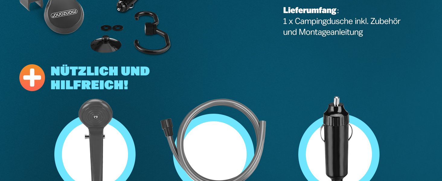 Monzana® Переносна кемпінгова душ з насосом 12V, KFZ-адаптер, сумка для зберігання, 2м шланг, 5м кабель, для авто, собак, саду, антрацит