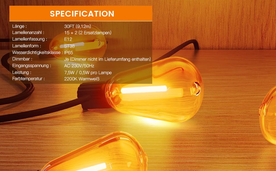 Гірлянда вулична LED 36м Lichterkette для саду, тераси, святкова, теплий білий, IP65, з подовжувачем