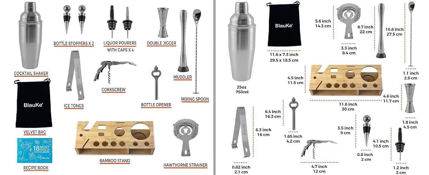 Коктейльний набір 17 шт. Шейкер з нержавіючої сталі 750 мл з книгою рецептів, мірний стакан, ложка, ситечко, дерев'яна підставка BlauKe