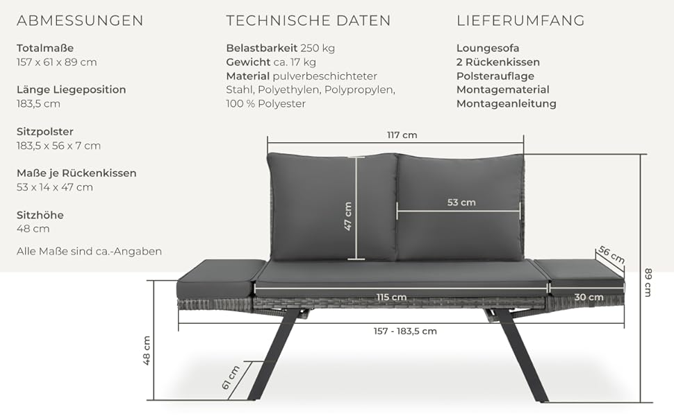 Садовий диван-шезлонг Tectake з ротангу, сірий - вуличні меблі для відпочинку з функцією сну та відкидними підлокітниками