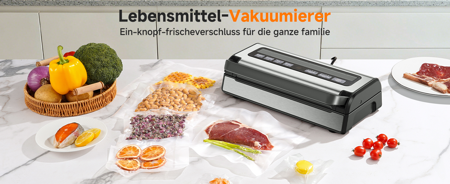 Вакууматор для продуктів 9-в-1 з потужністю 95 кПа, регулюванням часу та тиску, функцією пам'яті, подвійним запаянням, вбудованим різаком та відсіком для пакетів, корпус із нержавіючої сталі, у комплекті 2 ролини та шланг