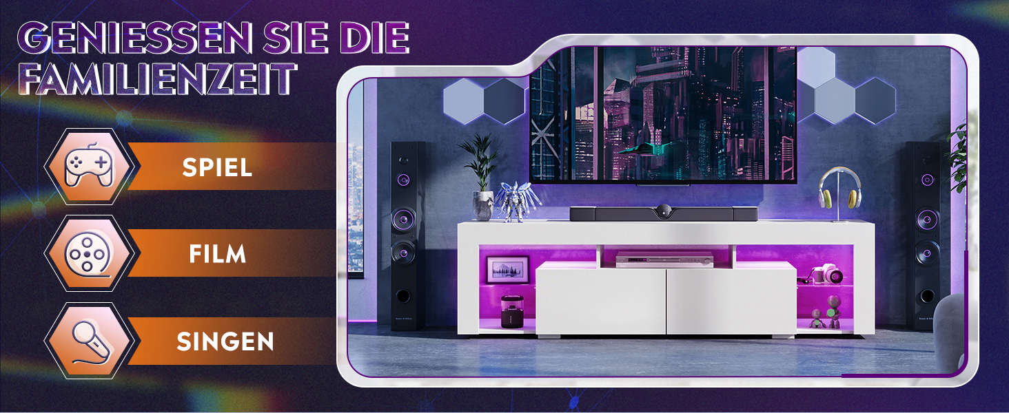Тумба під телевізор WLIVE з LED підсвіткою, біла, 160x35x45 см, для телевізорів до 70 дюймів, з відкритими полицями та 2 шухлядами для вітальні