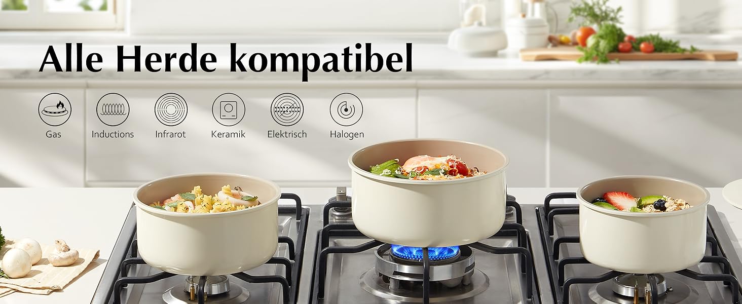 Набір каструль Redchef з знімними ручками, антипригарне керамічне покриття, 16/18/20 см, кришка 3-в-1, для всіх типів плит (індукція), можна використовувати в духовці