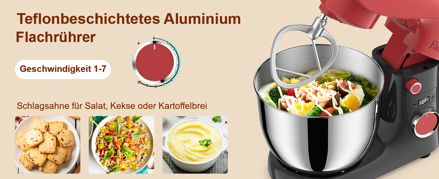 Кухонна машина-міксер Facelle 1500W з чашею 5.5L/4.5L, 10+ програм, тиха робота, з набором насадок (червоно-сірий)