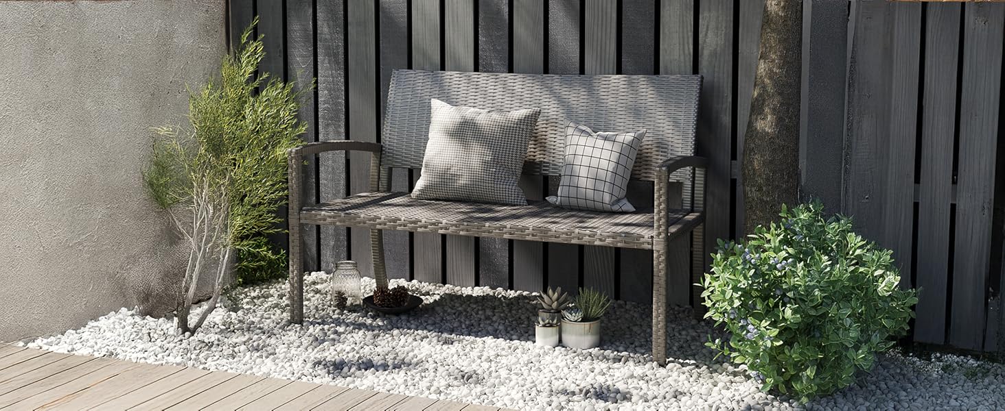Садова лавка з поліротангу UDPATIO для тераси, балкону та саду (123x63x86 см, сіра). Міцна (до 320 кг) з спинкою та підлокітниками