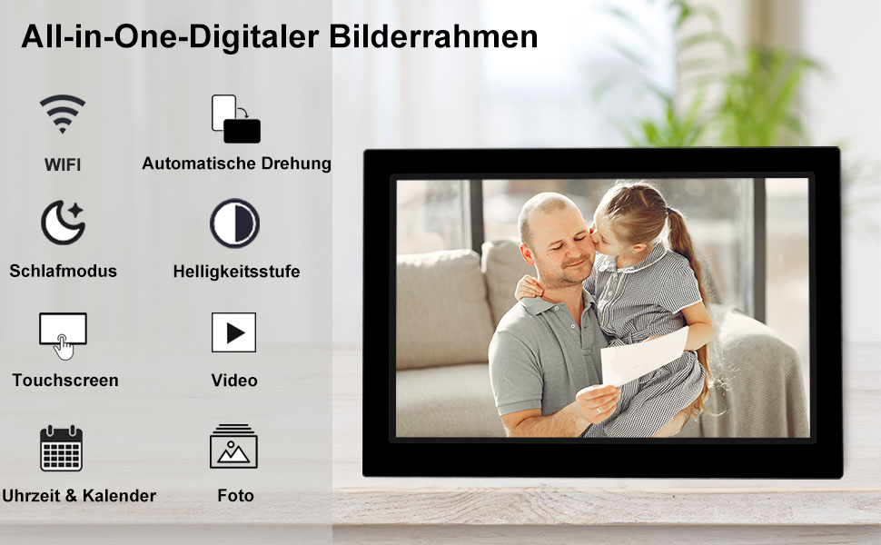 Цифровий фоторамка 10.1 дюйма WiFi з 16GB, IPS сенсорний екран, автоповорот, миттєвий обмін фото та відео через додаток Frameo (Чорний)