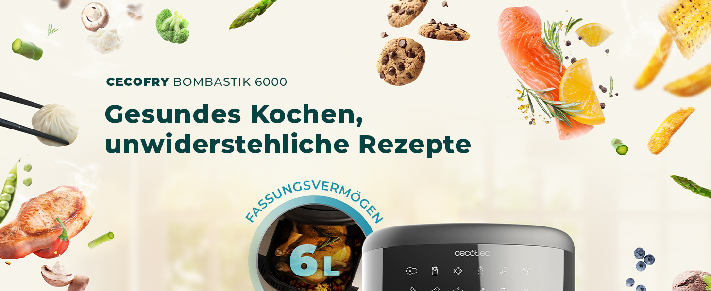 Фритюрниця без олії Cecotec Cecofry Bombastik 6000 Full, 6 л, 1700 Вт, PerfectCook, 12 режимів, сенсорне управління, чорний | з аксесуарами