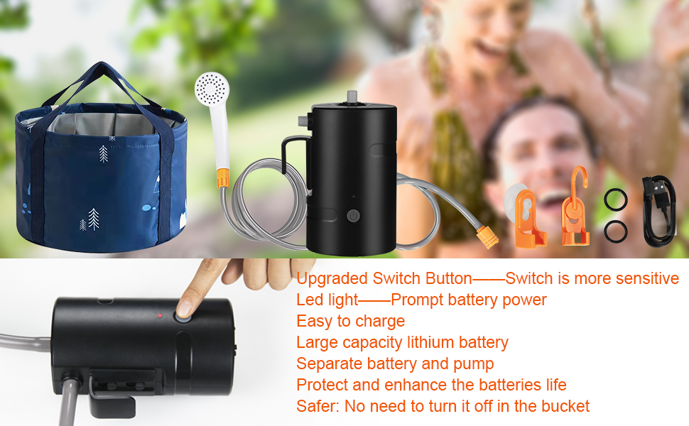 Портативна душова Koopsmate з LED-підсвічуванням та акумулятором 4400mAh, електрична помпа, 20L мішок для води, для кемпінгу, подорожей та домашніх тварин