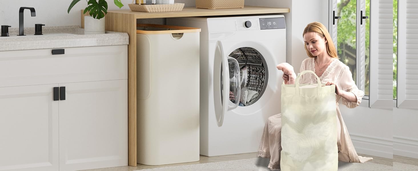 Кошик для білизни Youdenova з кришкою, великий, 160л, бамбук та дерево, сортувальник для білизни, білий