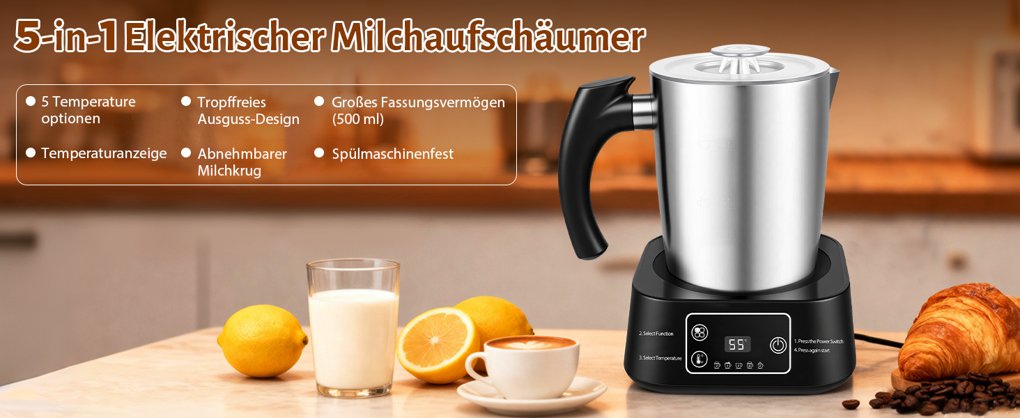 Електричний спінювач молока 5-в-1 з нержавіючої сталі, 500 мл, знімний контейнер, контроль температури, для гарячого та холодного молока, капучино, лате