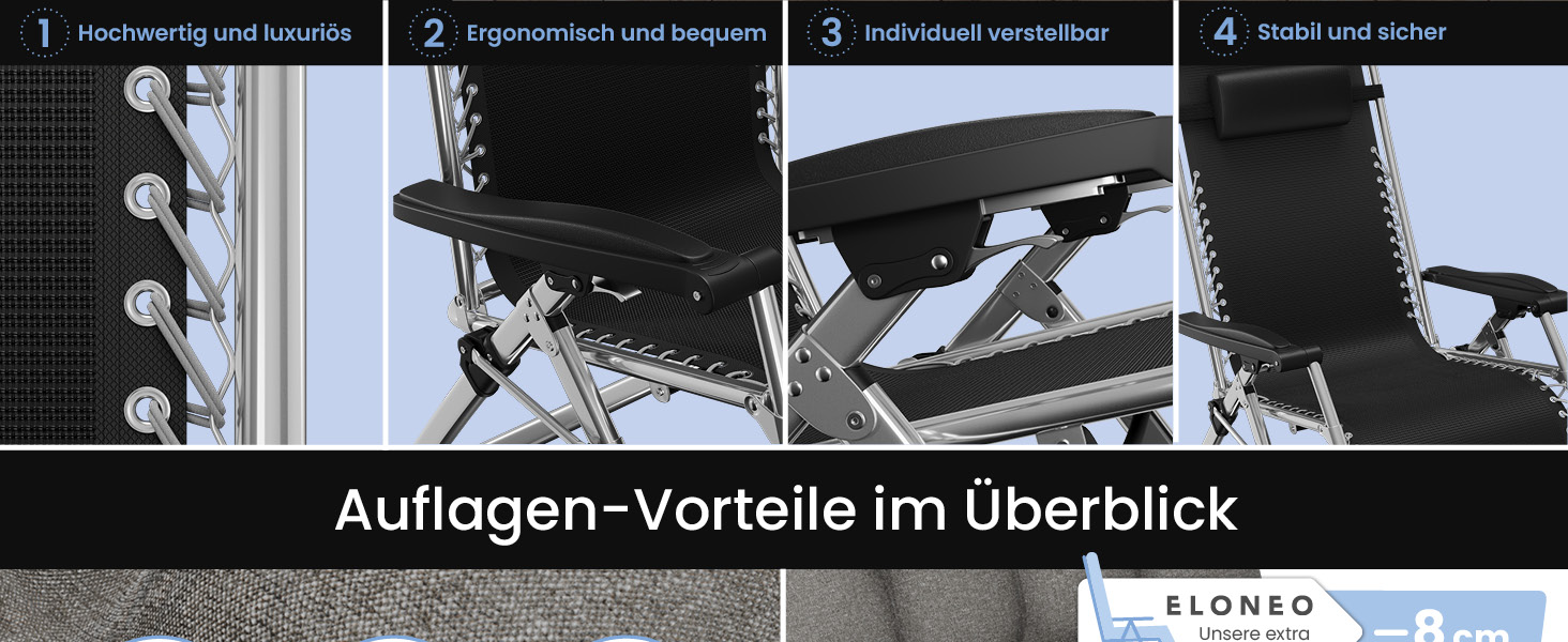 Лежак для відпочинку ELONEO: розкладний, з преміум-подушкою, стійкий до погодних умов, широка спинка, регульована, з подушкою для шиї та тримачем для напоїв (сірий)