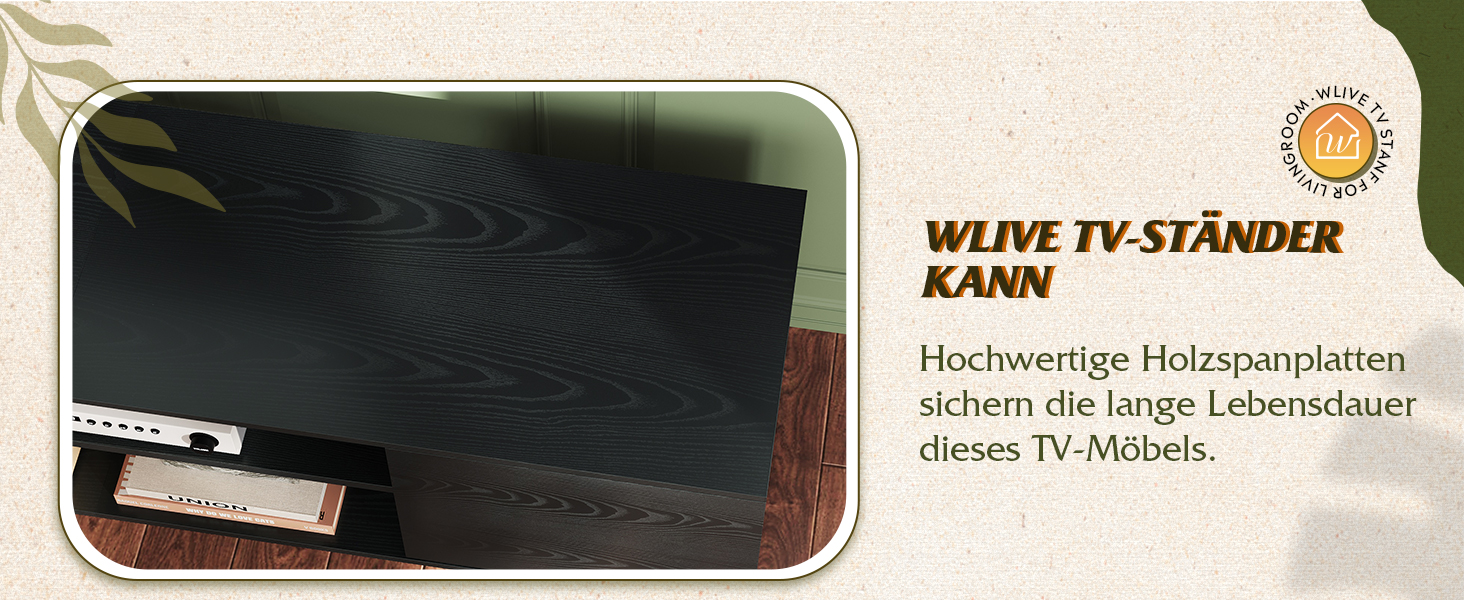 Тумба під телевізор WLIVE Schwarz 160x40x47 см, чорна, з 2 дверцятами та 2 відкритими полицями для вітальні, спальні, їдальні