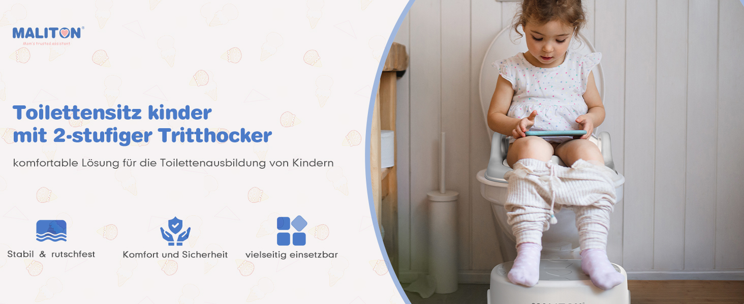 Дитяче сидіння на унітаз Maliton з двоступеневою підніжкою для дітей 1-8 років, біло-сіре або біле