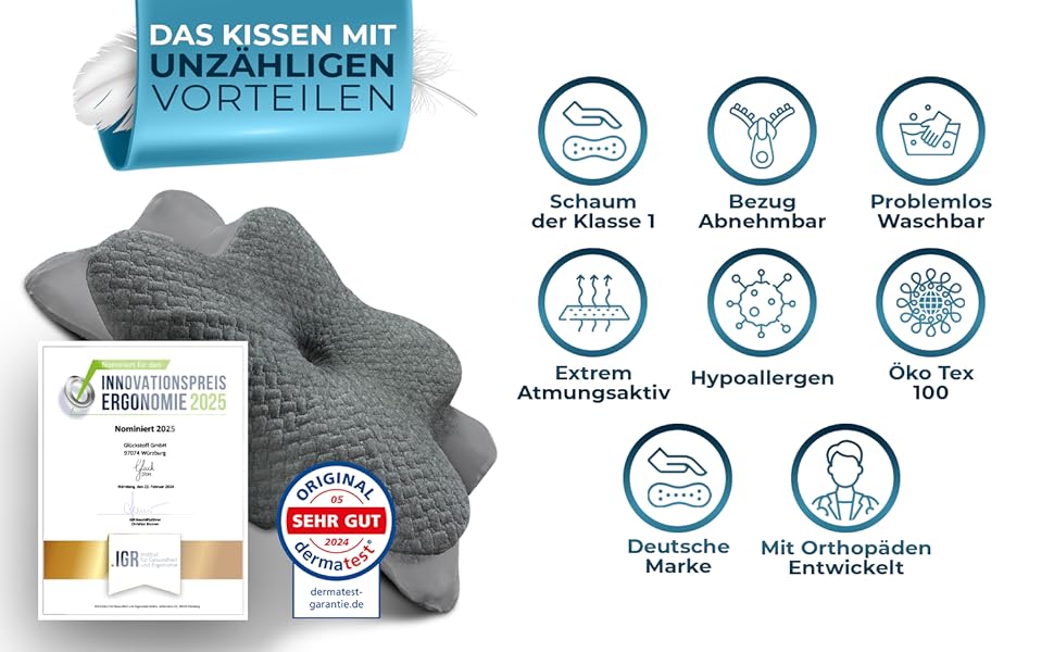 Ортопедична подушка Glückstoff® Ergo: підтримка шиї, memory foam, для всіх типів сну | Подушка від болю в шиї, сірого кольору