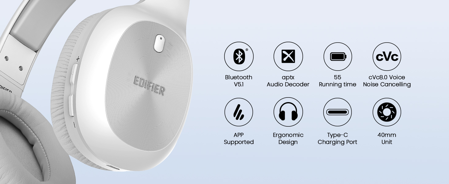 Накладні навушники Edifier W800BT Plus Bluetooth, CVC 8.0, 55h, мікрофон, керування APP, білий