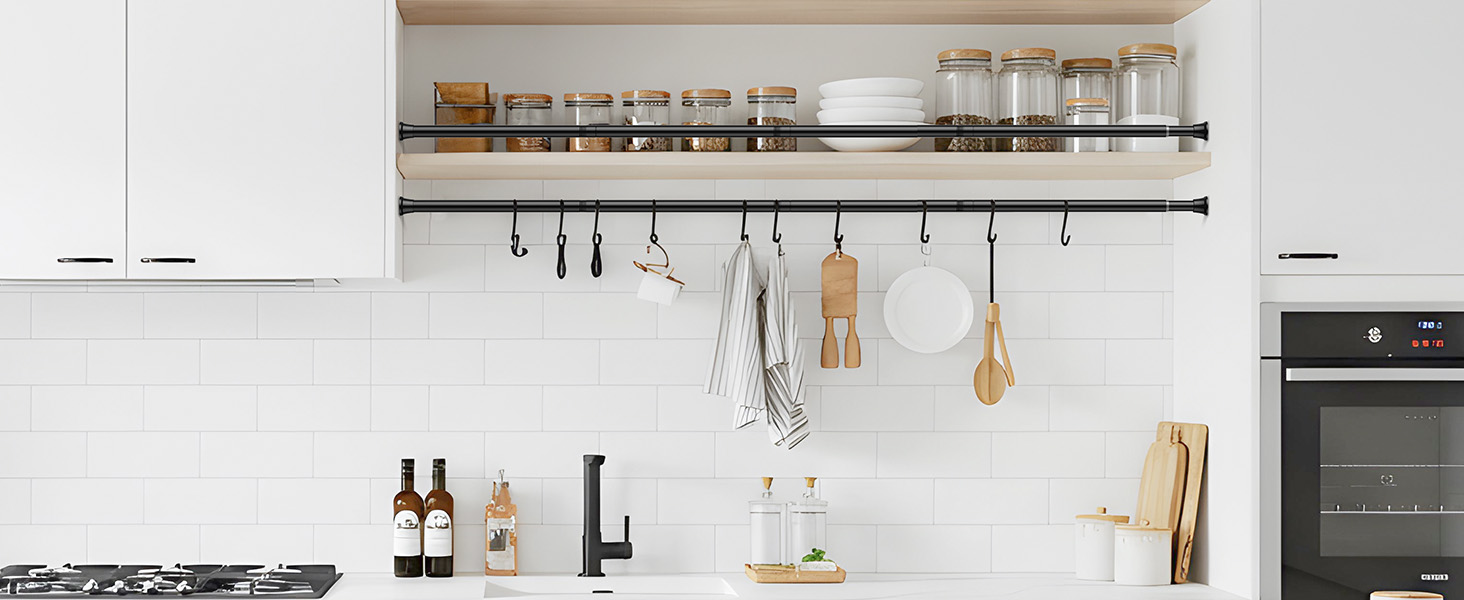 Набір з 2 штук штанги для карниза без свердління, 76-165 см. Підходить для душу, вікна, кухні, шафи. Чорний колір.