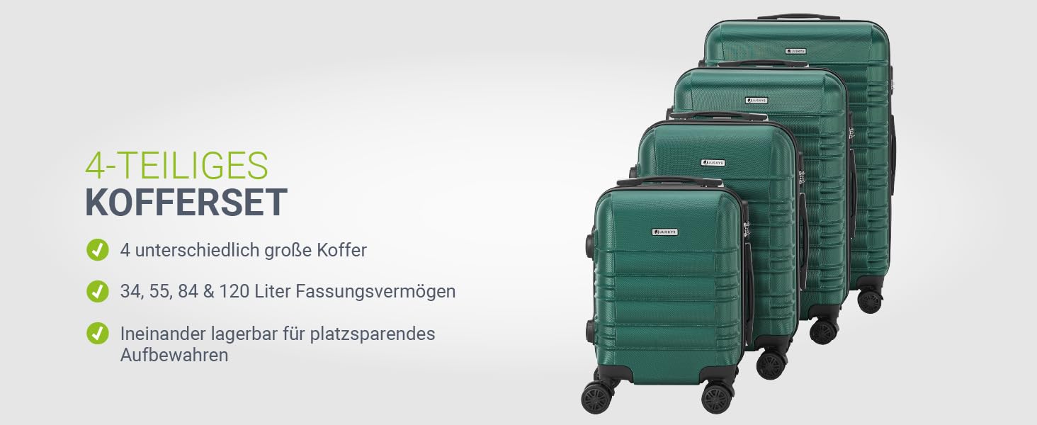 Набір валіз Juskys Hartschale 3 шт. з кодовим замком, тихі колеса 360°, телескопічна ручка, легкі - зелений колір
