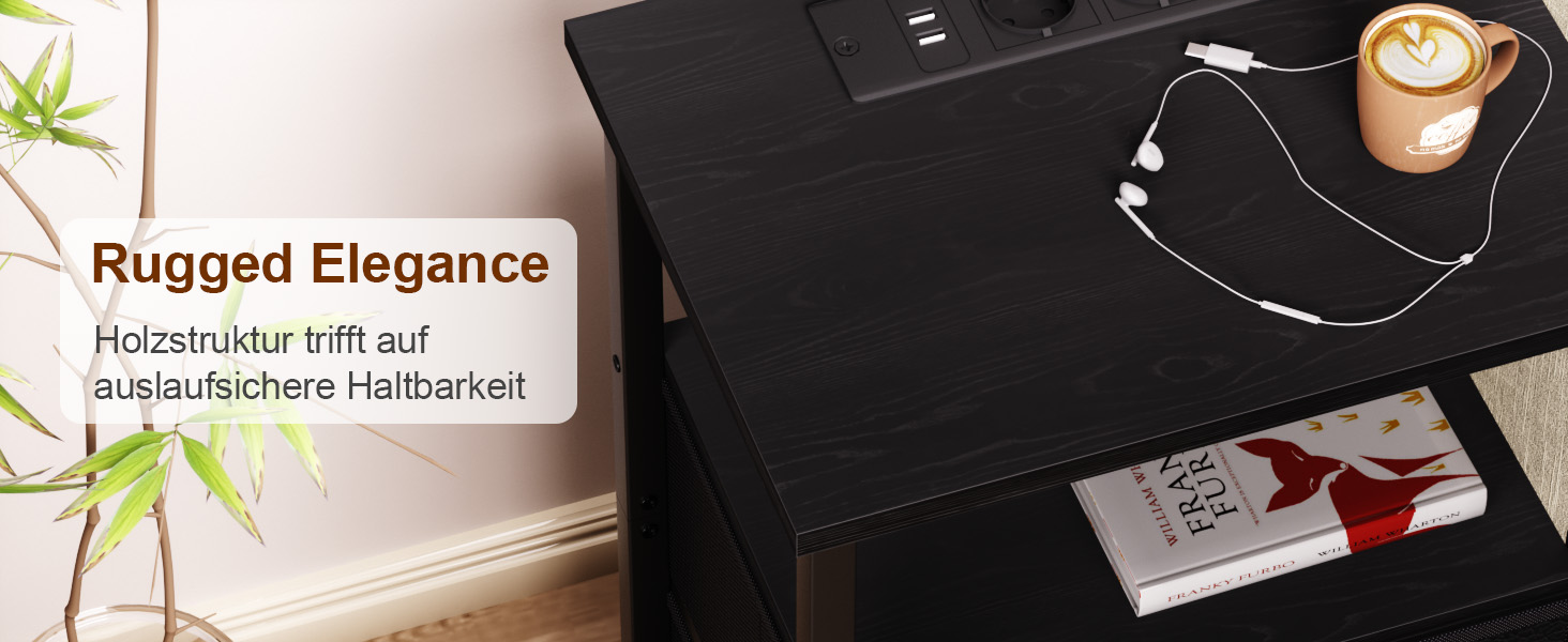 Нічний столик AMHANCIBLE з підзарядкою, приліжний столик з висувними ящиками з тканини, журнальний столик з відкритою полицею, з 2 USB-портами та 2 розетками, для спальні та вітальні, HETS020GY-1 (Чорний)